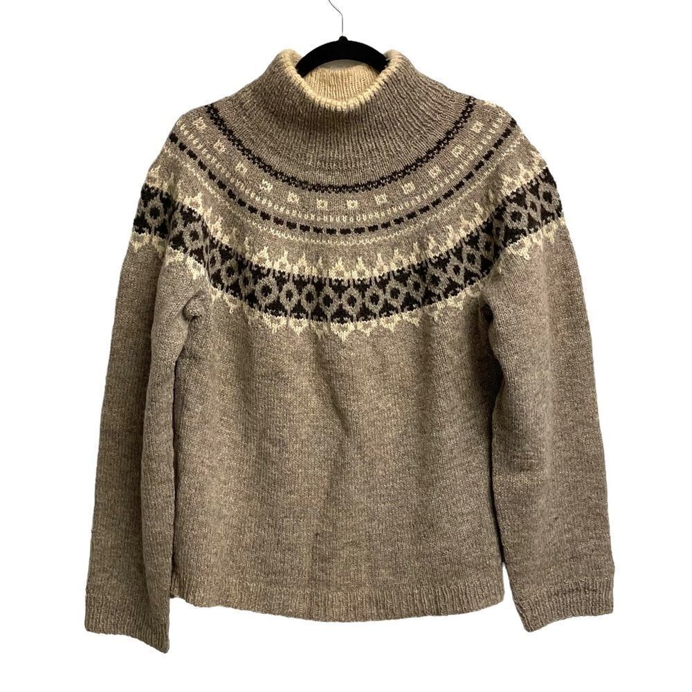 Hand Knit Chunky Knit Fair Isle Crew Neck Long Sleeve Sweater Brown M